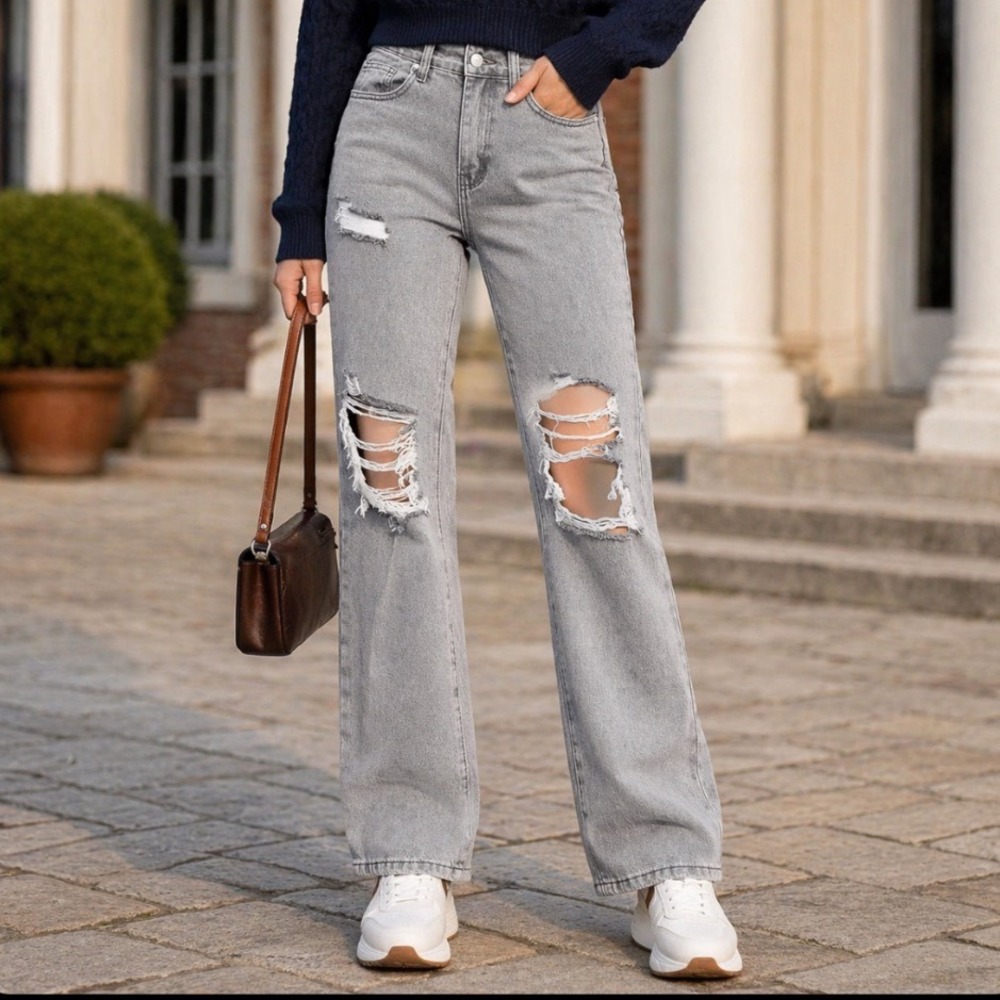 SHEIN XS Distressed High Waisted Baggy Straight‎ Leg Jeans Grey Ripped Knee